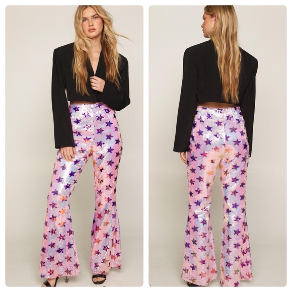 Nasty Gal Pants - Nasty Gal Pink Purple Star Sequin Star HighRise Party Flare Pants US6